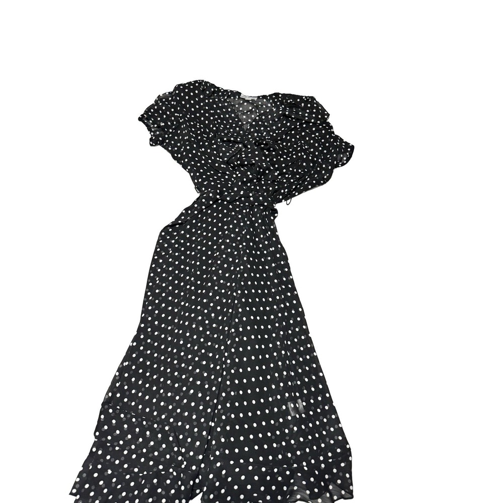 dressbarn Women's Size 16 Black White Polka Dot Chiffon V-Neck Midi Tie Dress